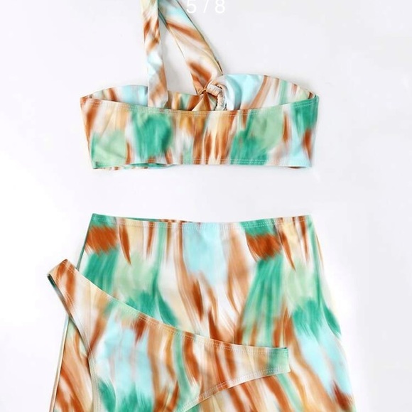 Shein 3 Piece Bikini Swimsuit 1 Strap Top w/ Ring Thong Bottom Side Tie Skirt S - Picture 4 of 9